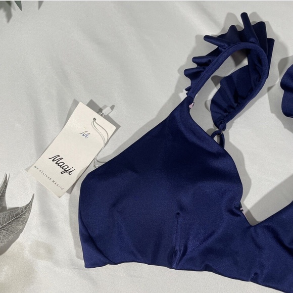 NWT Maaji [ Large ] Blue Depth Halles‎ Ruffle Lace-Up Reversible Bikini Top - Picture 5 of 11